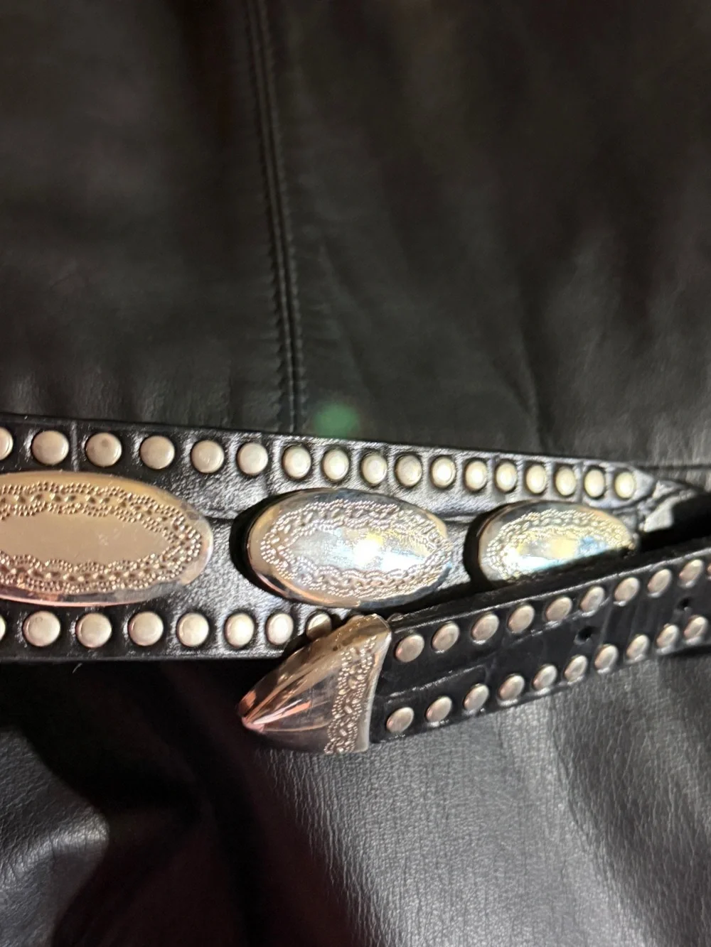 Western Studded Leather Belt with Silver Buckle - Black